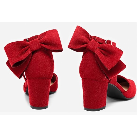 Coutgo Women's Chunky Heels Ankle Strap Pointed Toe Red Pumps Back Bow Size 9 - Picture 3 of 4